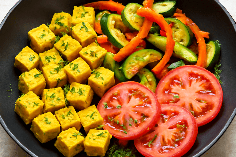 Веганский завтрак с тофу и овощами