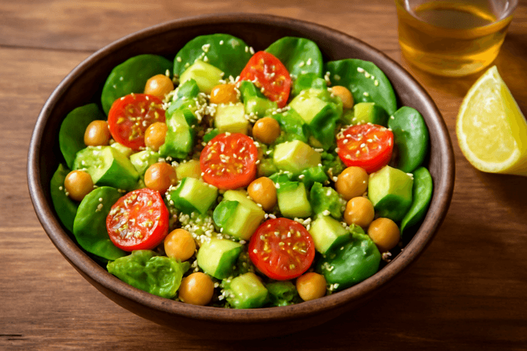 Веганский салат с нутом, киноа и овощами