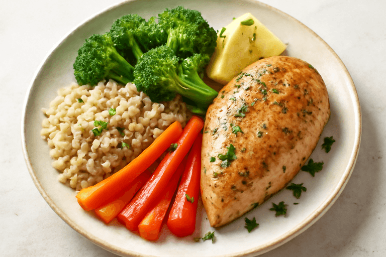 Klassisk kycklingfilé med fullkornsris och ångade grönsaker