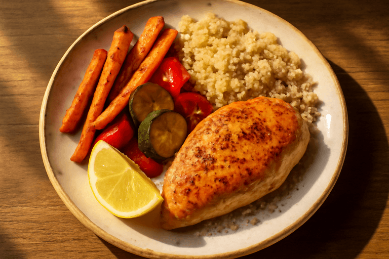 Kycklingfilé med rostade grönsaker och quinoa