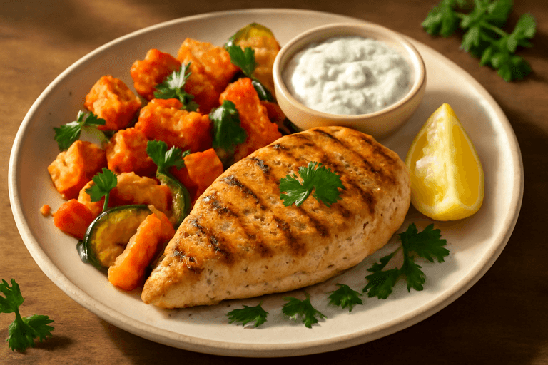 Kycklingfilé med rostade grönsaker och örtig yoghurtsås