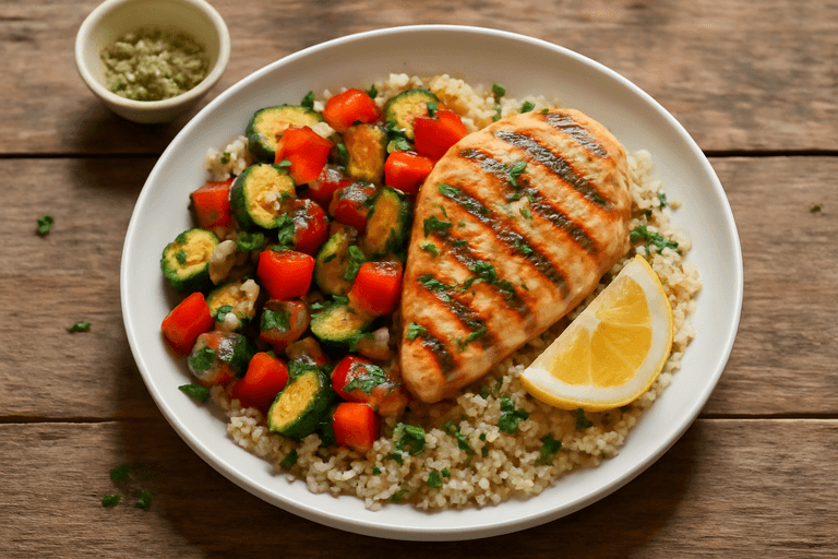 Κοτόπουλο σχάρας με ψητά λαχανικά και κινόα