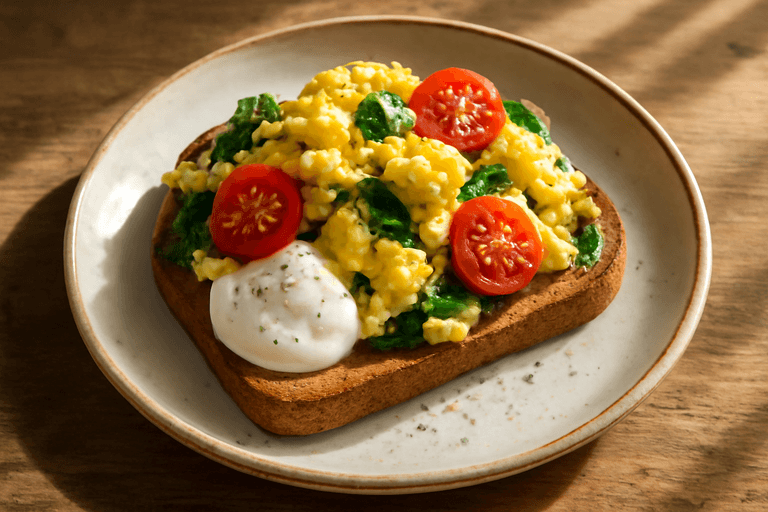 Proteinrik äggröra med spenat och tomat