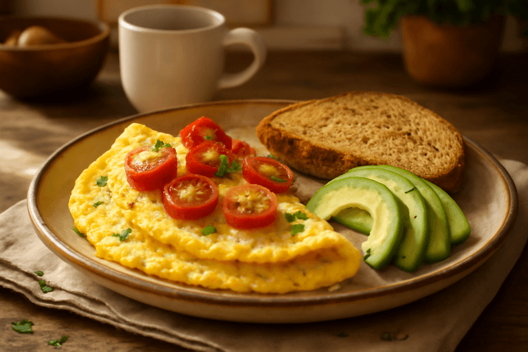 Klassisches Power-Frühstück: Omelett mit Hafer und Avocado
