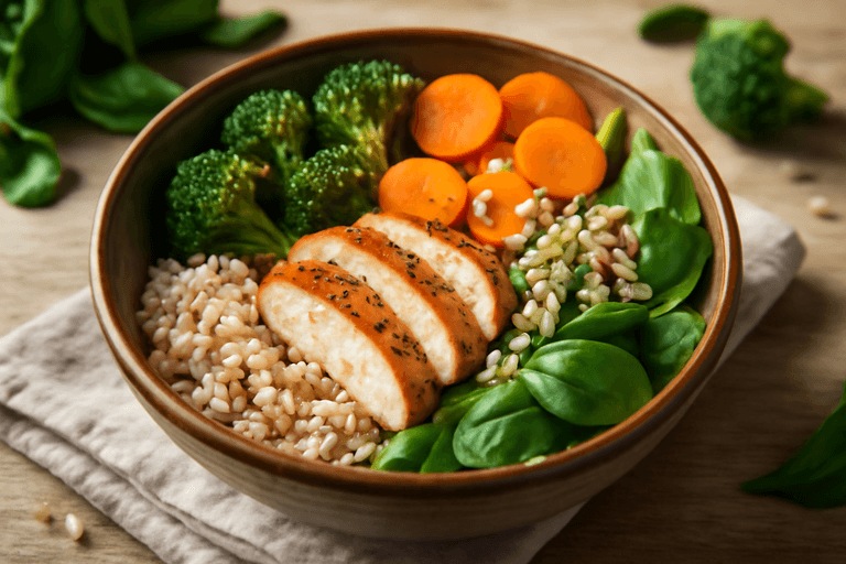 Herzhaftes Hähnchen-Bowl mit Vollkornreis und Gemüse
