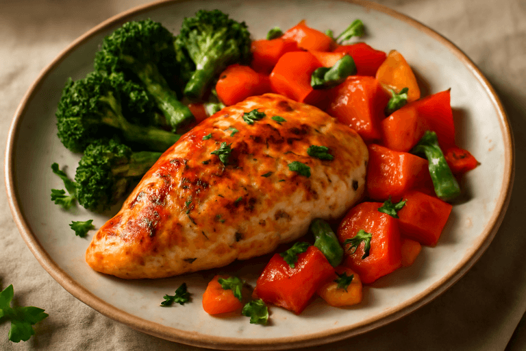 Куриная грудка в йогуртовом маринаде с запечёнными овощами