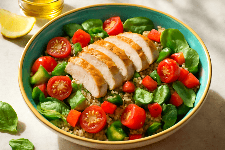 Легкий куриный салат с киноа и овощами