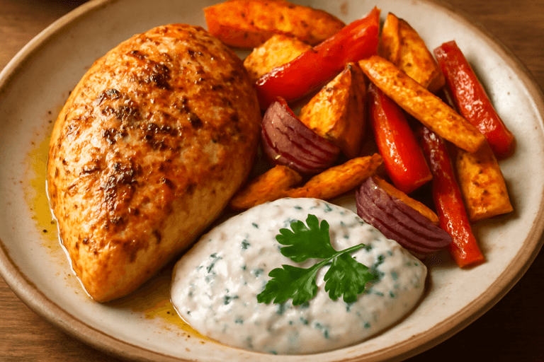 Saftig kycklingfilé med rostade grönsaker och örtig yoghurtsås