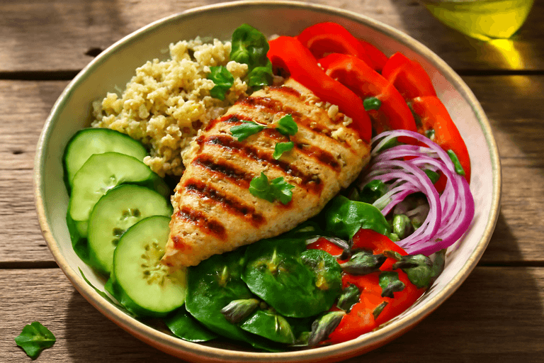 Salată de pui cu quinoa și legume proaspete