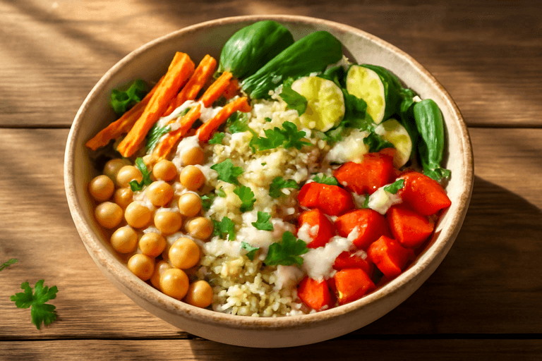 Bunte Kichererbsen-Bowl mit geröstetem Gemüse