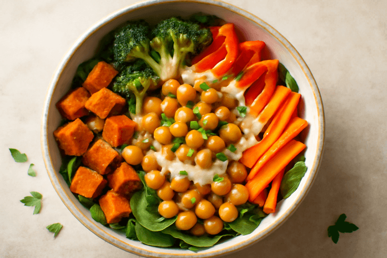 Vegane Kichererbsen-Bowl mit geröstetem Gemüse