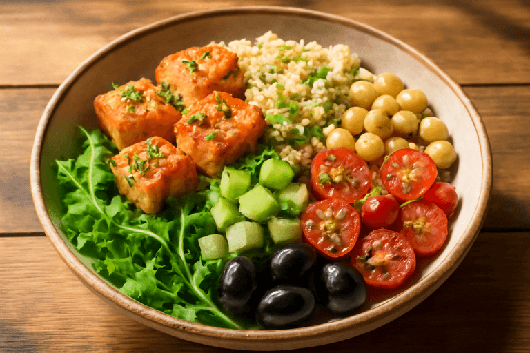 Bowl Mediterraneo di Quinoa con Salmone, Ceci e Verdure Fresche
