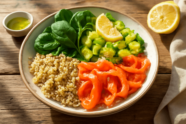 Ciotola di Quinoa e Salmone Affumicato con Avocado e Spinaci