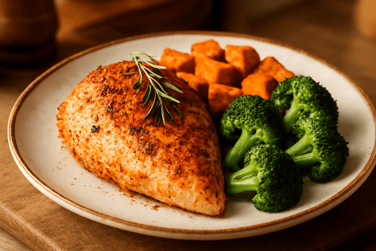 Herzhafte Hähnchenbrust mit Süßkartoffeln und Brokkoli