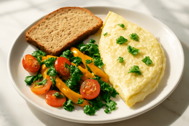 Заряженная омлет-тарелка с овощами и цельнозерновым тостом