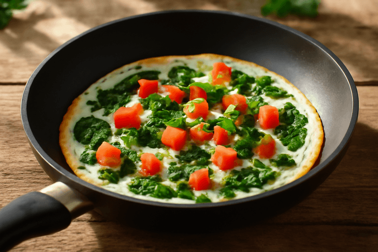 Tortilla saludable de claras de huevo con espinacas y tomate