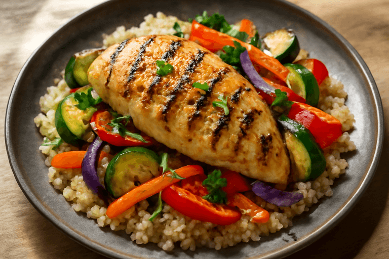 Pollo a la plancha con vegetales asados y quinoa