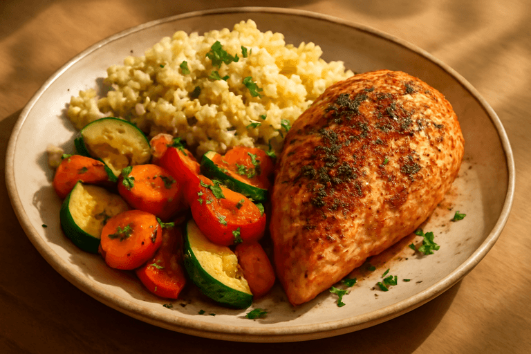 Pieczona pierś z kurczaka z warzywami i kaszą jaglaną