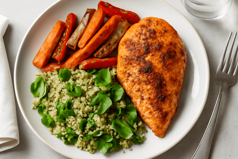 Lätt grillad kyckling med rostade grönsaker och quinoa