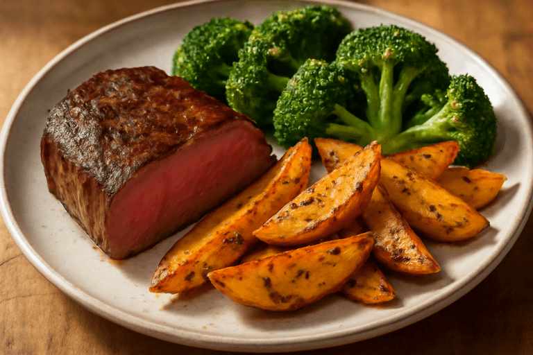 Herzhaftes Rindersteak mit Ofenkartoffeln & Brokkoli