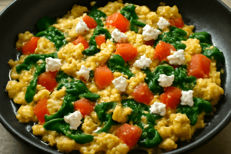 Proteinski doručak s jajima, špinatom i rajčicom