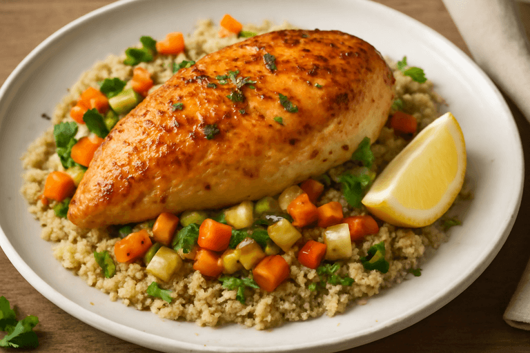 Poulet rôti aux légumes colorés et quinoa