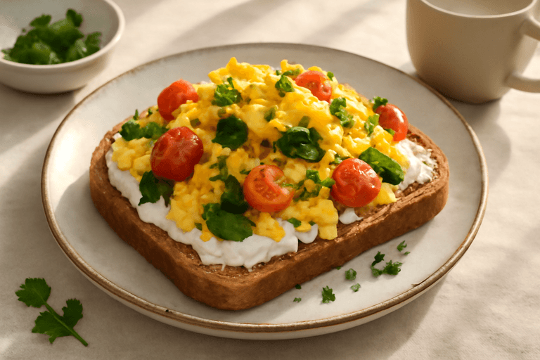 Schnelles Ei-Gemüse-Frühstück mit Vollkorntoast