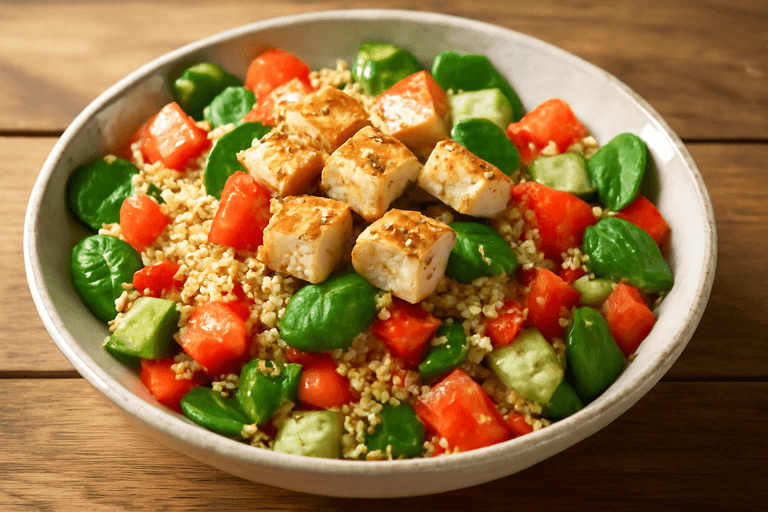 Лек протеинов пилешки салат с киноа и пресни зеленчуци