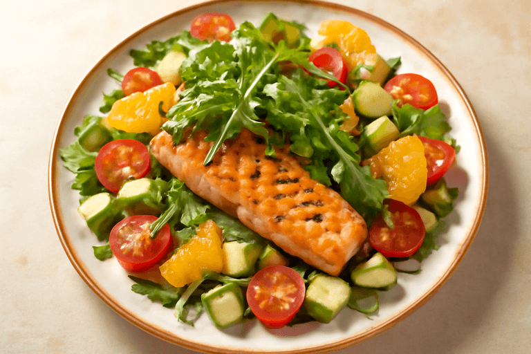 Lekka sałatka z grillowanym łososiem i pomarańczą