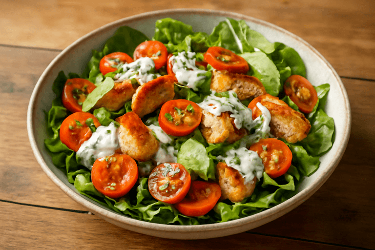 Lett kyllingsalat med ovnsbakte grønnsaker