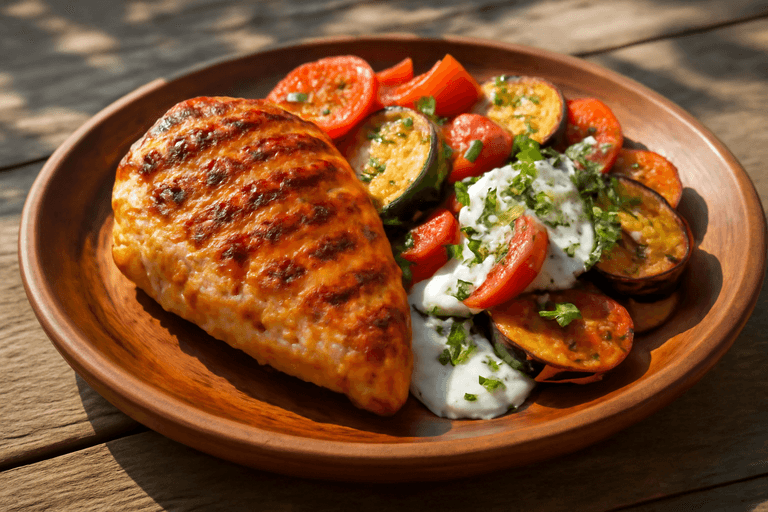 Пилешко филе на скара с печени зеленчуци и свеж дресинг