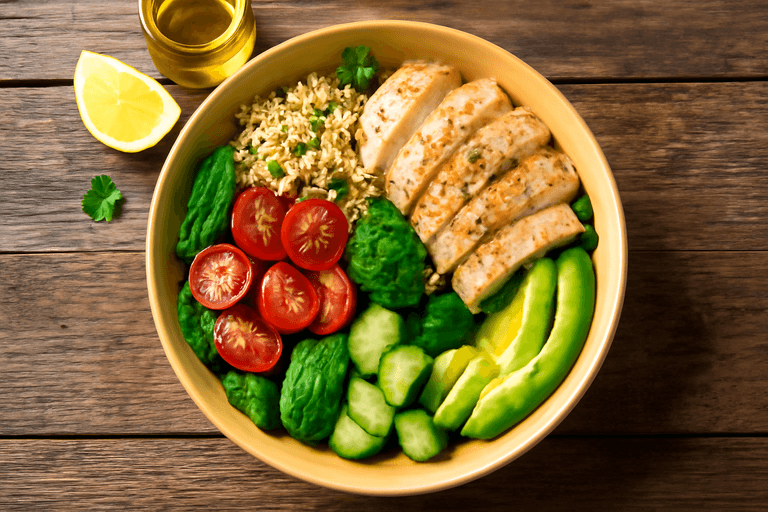 Proteinrik kycklingsallad med quinoa och färska grönsaker