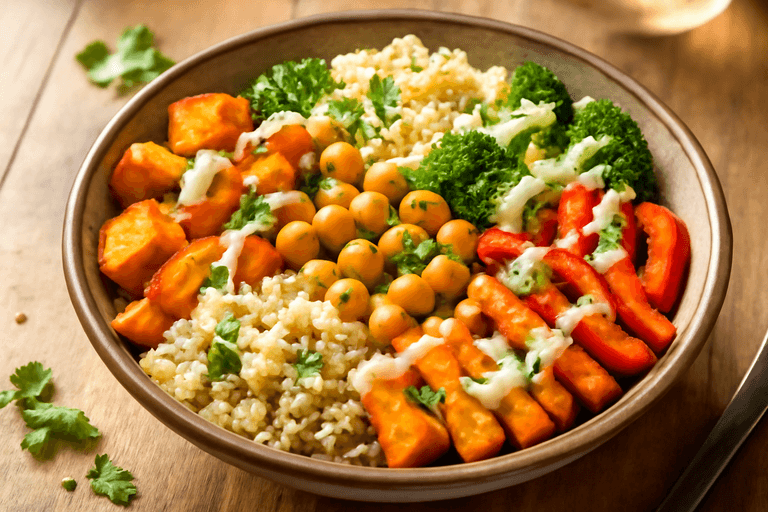 Veganer Quinoa-Bowl mit geröstetem Gemüse & Kichererbsen
