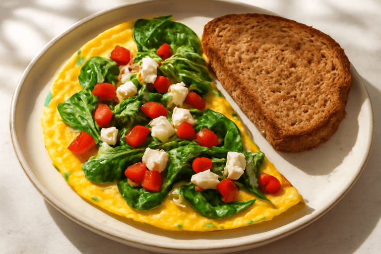 Proteinrik frokostomelett med grønt og fullkornstoast