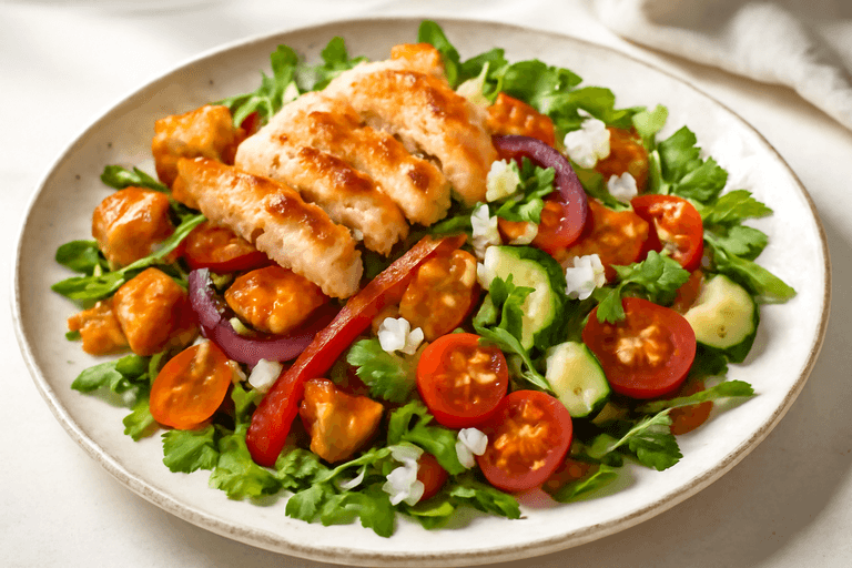 Proteinrik kyllingsalat med ovnsbakte grønnsaker