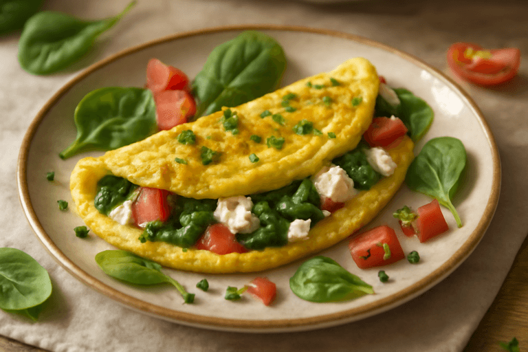 Omelette aux épinards, tomates et fromage de chèvre