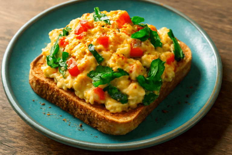 Energizujące śniadanie – klasyczna jajecznica z warzywami na pełnoziarnistym toście