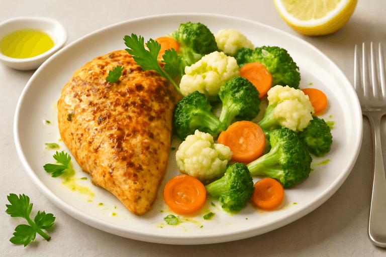 Куриная грудка в йогуртовом маринаде с овощами на пару