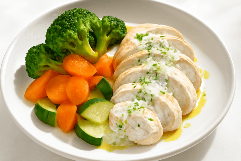 Куриная грудка с овощами на пару и легким соусом