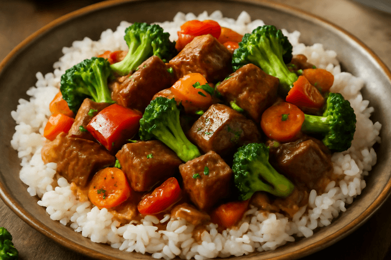 Rindfleisch-Gemüsepfanne mit Reis