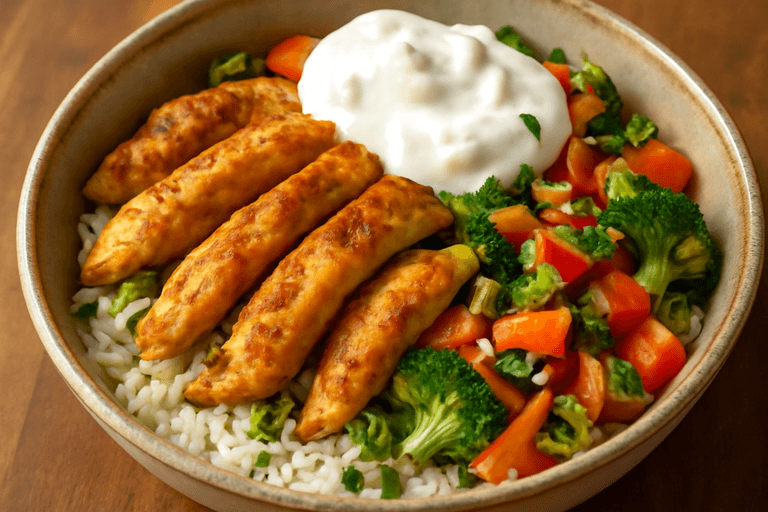 Herzhafte Hähnchen-Reis-Bowl mit gebratenem Gemüse