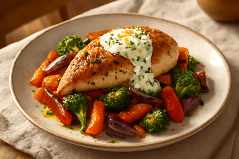Saftig kyllingfilet med ovnsbakte grønnsaker og urtesyoghurt