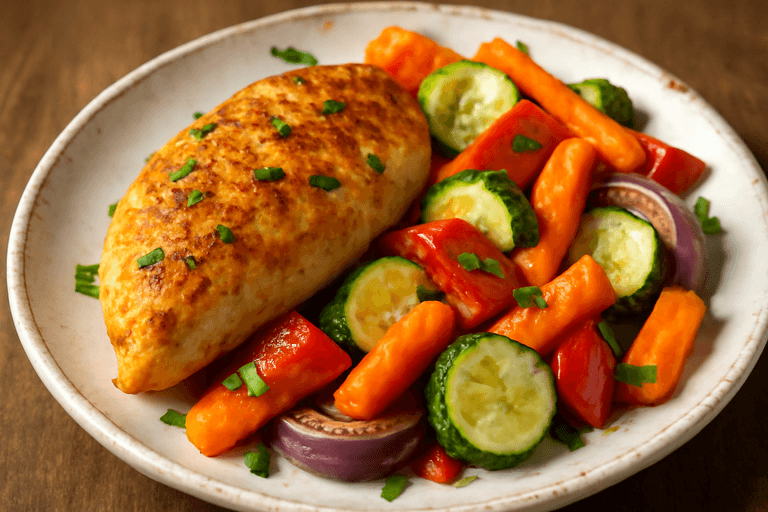 Pollo al horno con verduras coloridas