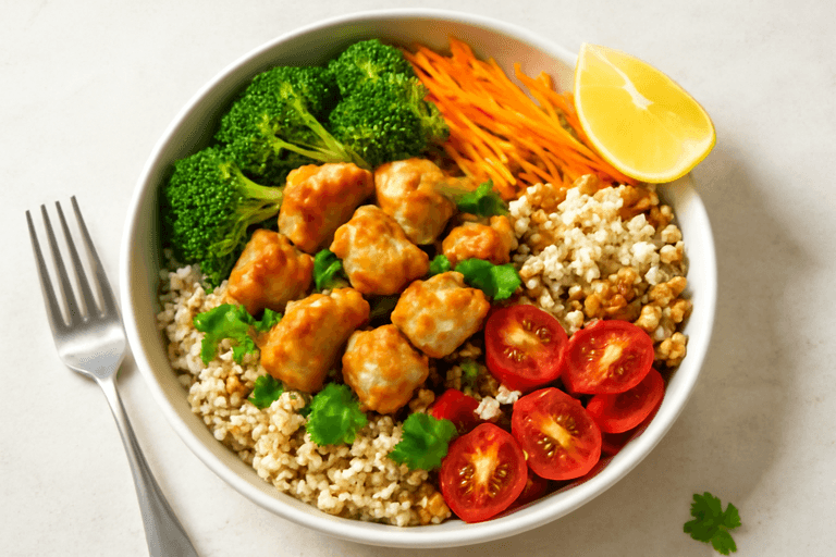 Kraftvolle Hähnchen-Bowl mit Quinoa und buntem Gemüse