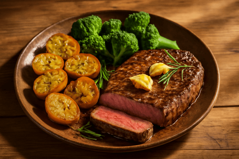 Saftiges Rindersteak mit Ofenkartoffeln und Brokkoli