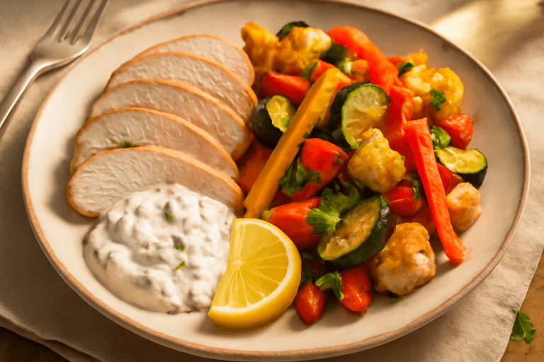 Kalkonfilé med rostade grönsaker och örtyoghurt