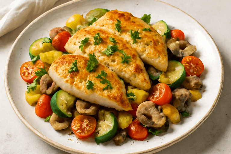 Leichtes Zitronen-Kräuter-Hähnchen mit Gemüsepfanne