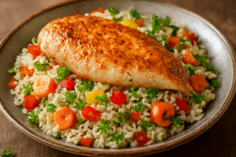 Հավի տապակած ֆիլե՝ բրնձով և բանջարեղենով