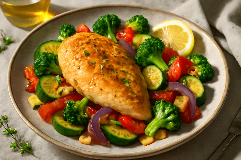 Soczysty filet z kurczaka z warzywami z patelni