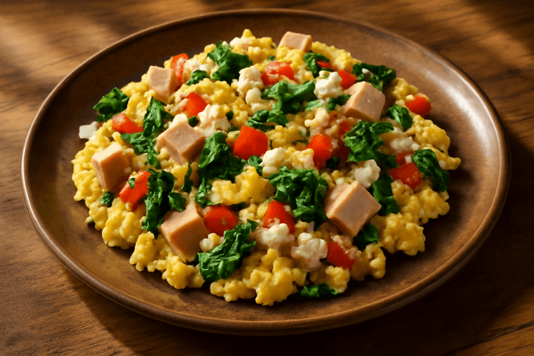 Pełnowartościowa jajecznica z warzywami na chudej szynce